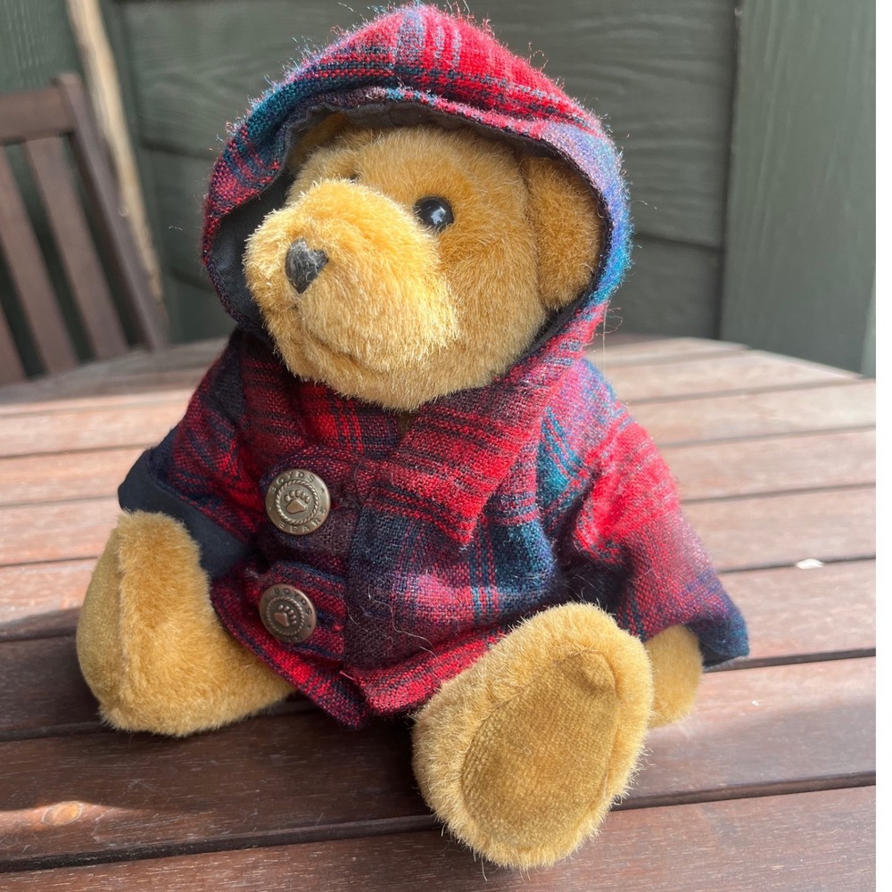 Boyds Collection J.B. Bean Series Bear Kids 8in Gold Red Plaid Hooded Coat 1364
